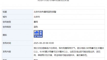北京发布暴雨蓝色预警:今天傍晚到明天夜间有雷阵雨